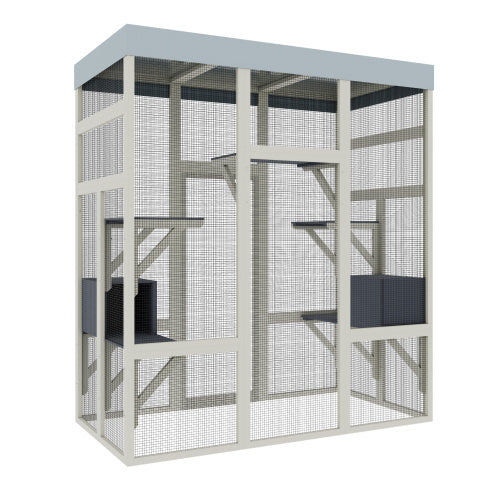 62.6 Gray Wooden Catio Outdoor Pet Enclosure With Waterproof Top, Spacious And Secure Cat House Small Animal Cage, Black Rust-proof Metal Wire