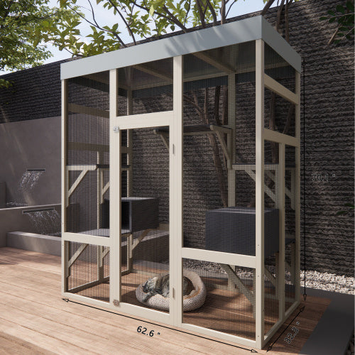 62.6 Gray Wooden Catio Outdoor Pet Enclosure With Waterproof Top, Spacious And Secure Cat House Small Animal Cage, Black Rust-proof Metal Wire