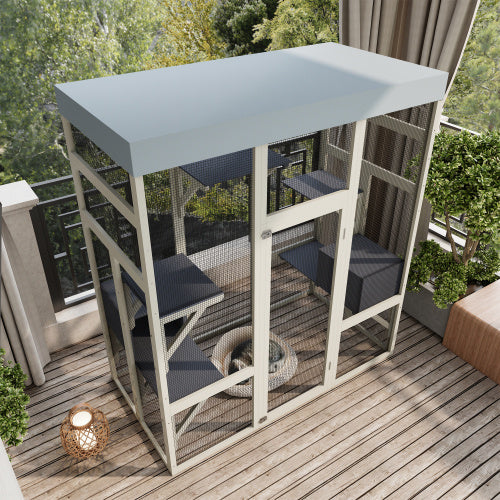 62.6 Gray Wooden Catio Outdoor Pet Enclosure With Waterproof Top, Spacious And Secure Cat House Small Animal Cage, Black Rust-proof Metal Wire