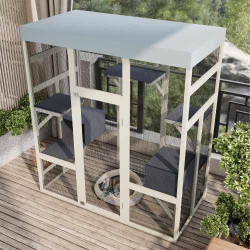 62.6 Gray Wooden Catio Outdoor Pet Enclosure With Waterproof Top, Spacious And Secure Cat House Small Animal Cage, Black Rust-proof Metal Wire
