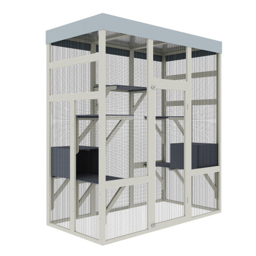 62.6 Gray Wooden Catio Outdoor Pet Enclosure With Waterproof Top, Spacious And Secure Cat House Small Animal Cage, Black Rust-proof Metal Wire