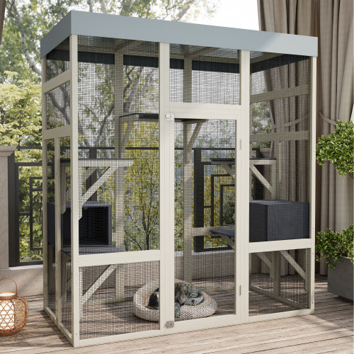 62.6 Gray Wooden Catio Outdoor Pet Enclosure With Waterproof Top, Spacious And Secure Cat House Small Animal Cage, Black Rust-proof Metal Wire