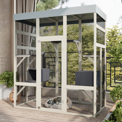 62.6 Gray Wooden Catio Outdoor Pet Enclosure With Waterproof Top, Spacious And Secure Cat House Small Animal Cage, Black Rust-proof Metal Wire